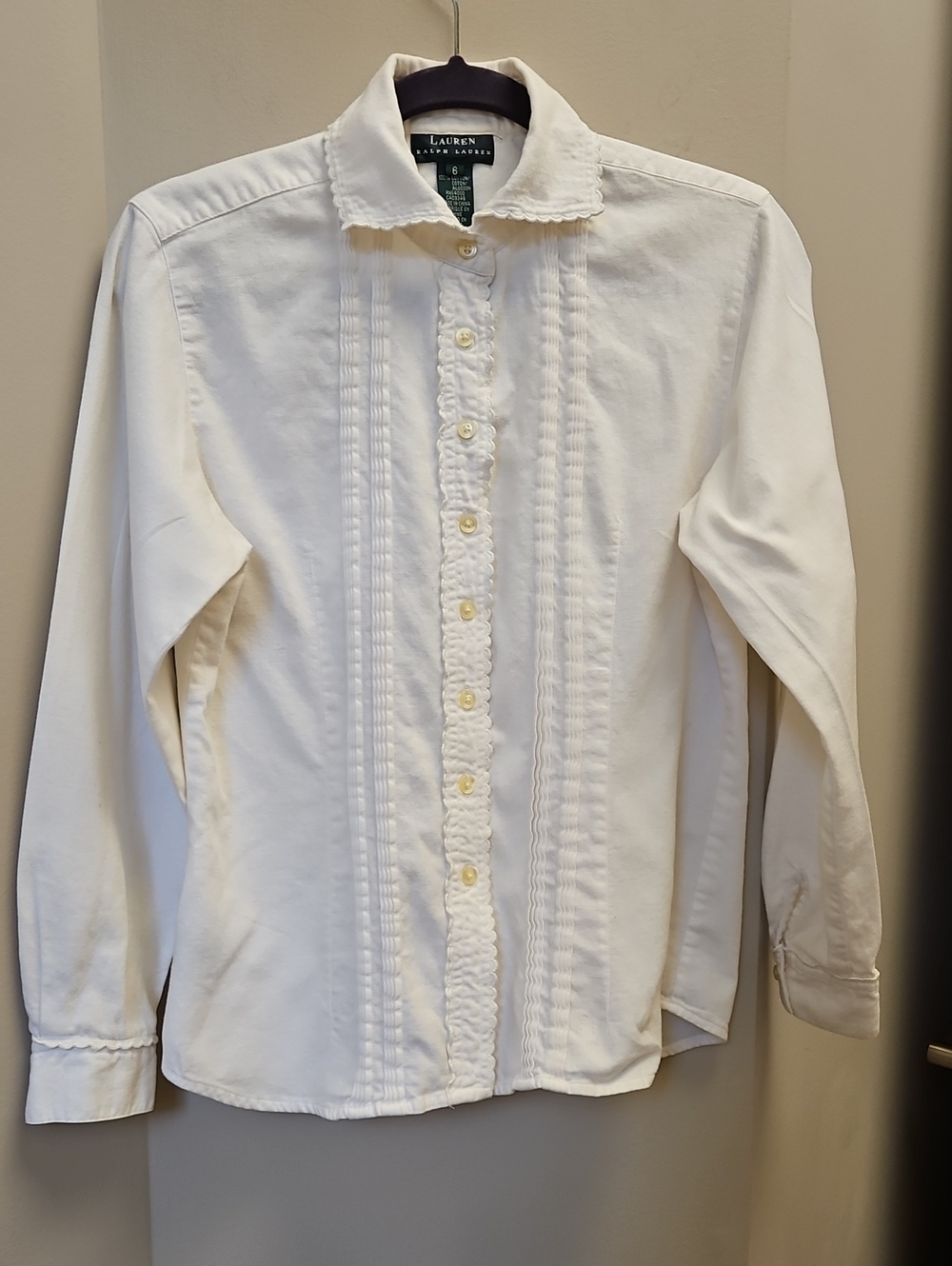 Lauren Ralph Lauren White/Cream Ruffled Pintuck Button-Up Blouse